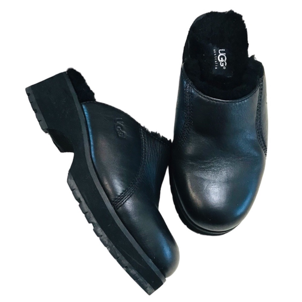 UGG Black Leather Vintage Platform Clogs Sz 8